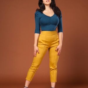 Laura Byrnes pinup couture mustard capris
